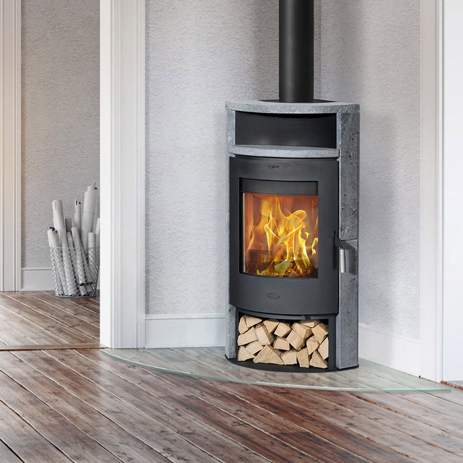 Poêle à bois d’angle Cheminée Samba acier noir et pierre ollaire 6,1 kW