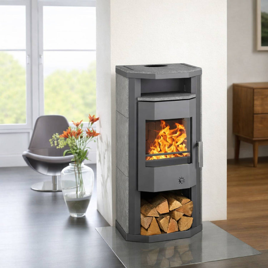 Wamsler Thyra – Poêle à bois 6 kW, pierre naturelle grise, feu continu