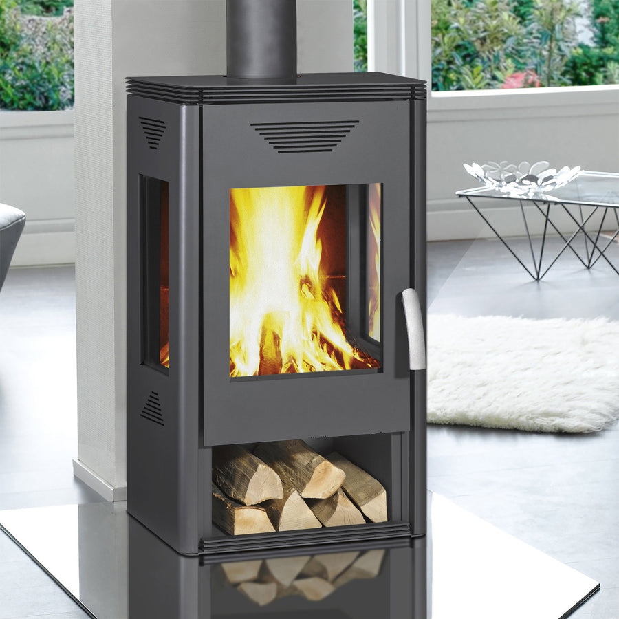 Wamsler Trion H – Poêle à bois acier gris avec rangement à bûches, 8 kW