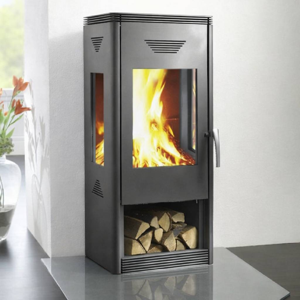 Wamsler Trion – Poêle à bois gris avec range-bûches 10 kW
