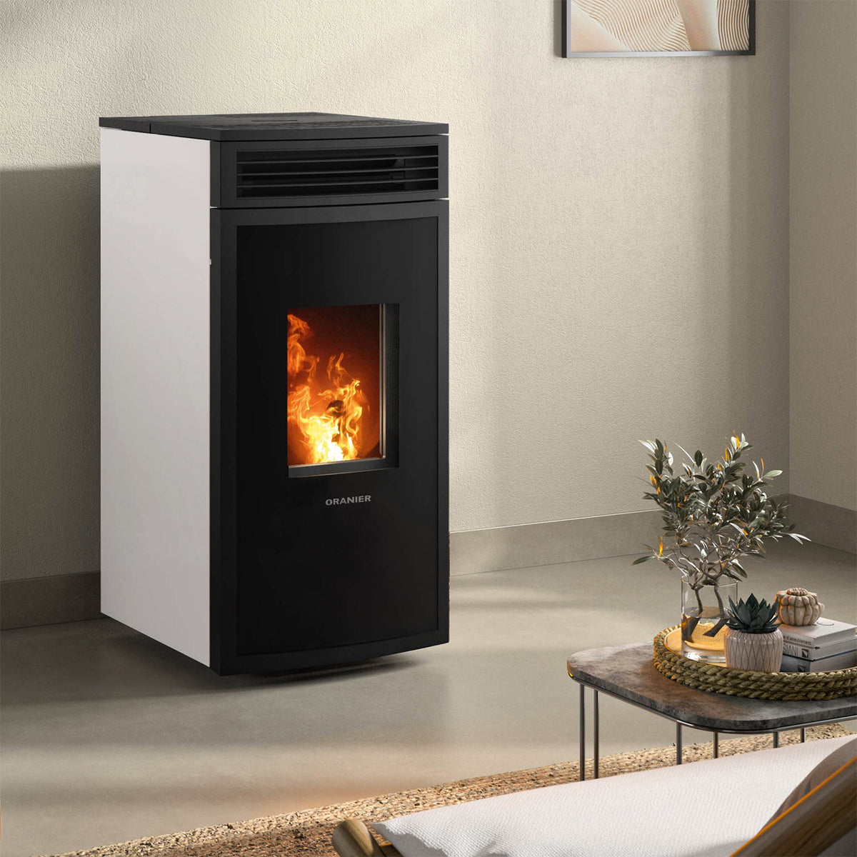 Poêle à bois Oranier Neta Blanc Soie avec raccord arrière 8 kW - image 1