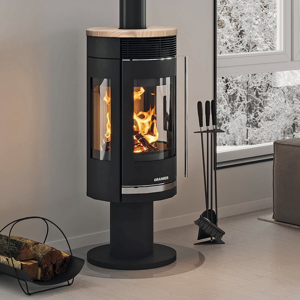 Oranier Rota Twist – Poêle à bois acier noir avec plaque supérieure en grès 5,5 kW