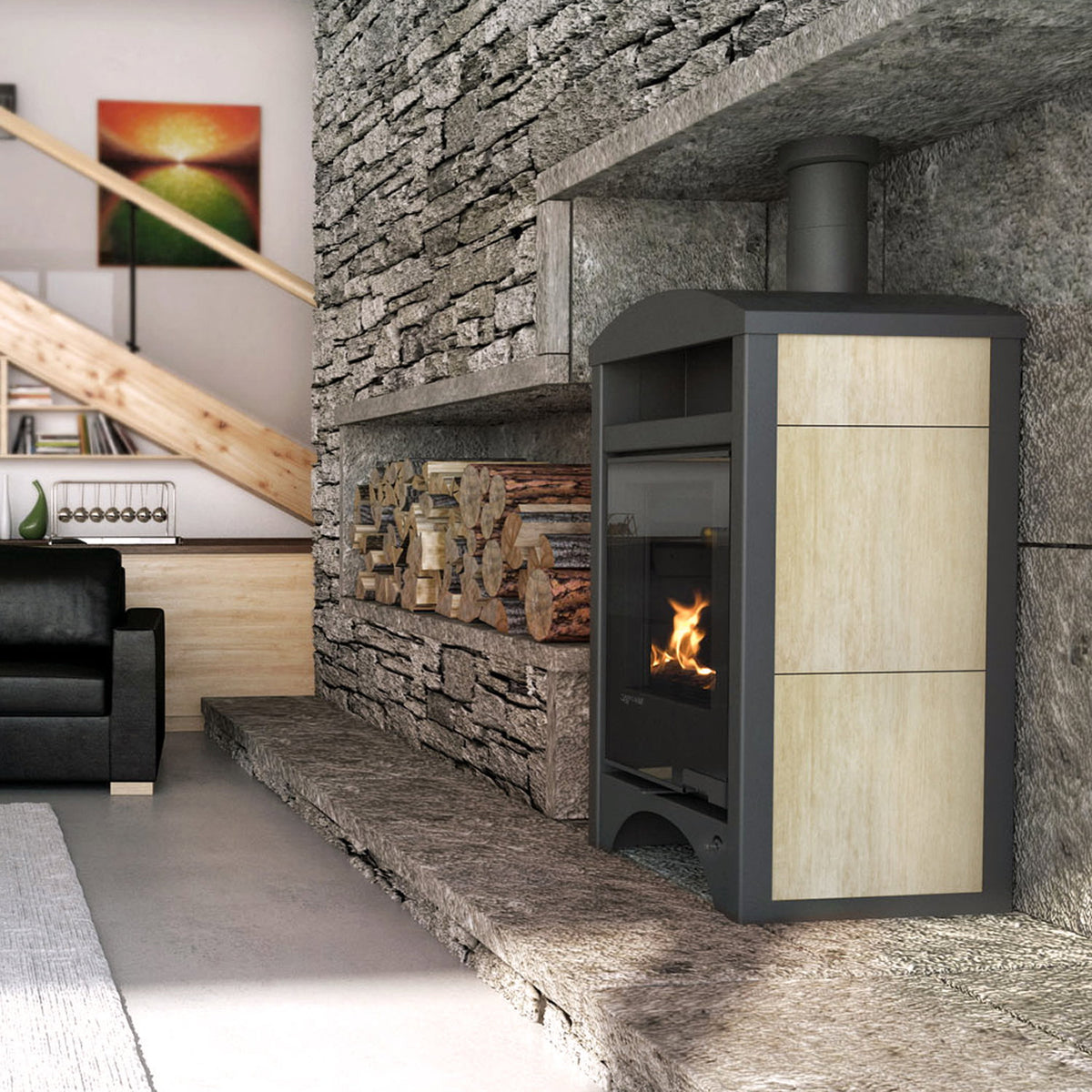 Poêle à bois Aquaflam Vario Barma chêne blanchi 11 kW