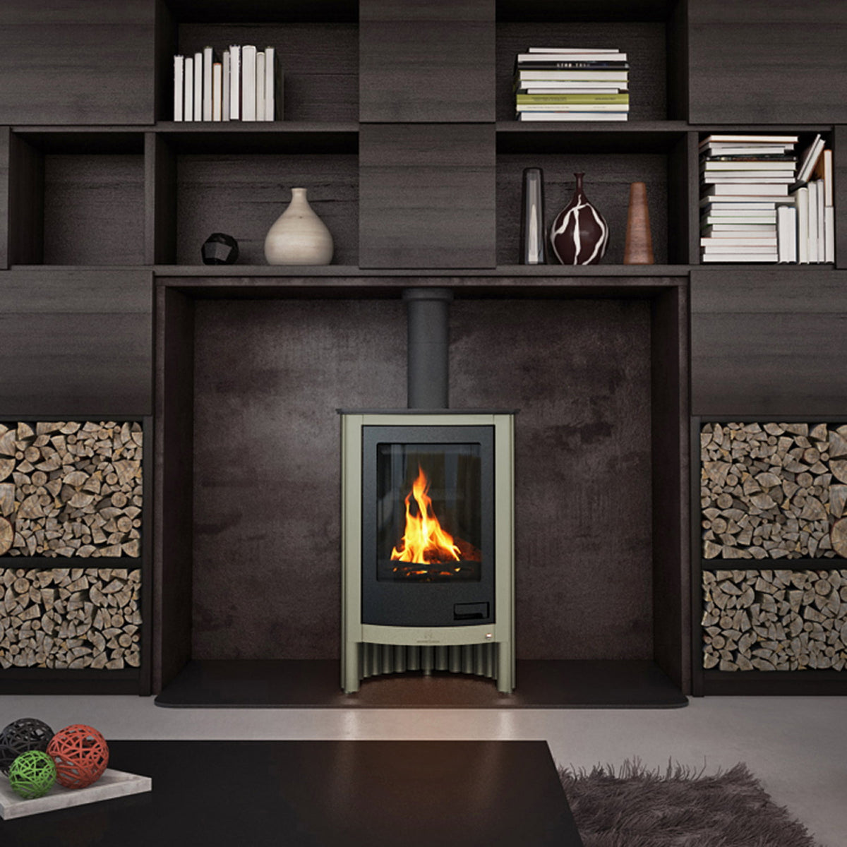 Poêle Masterflamme Piccolo I Olive installé dans un intérieur