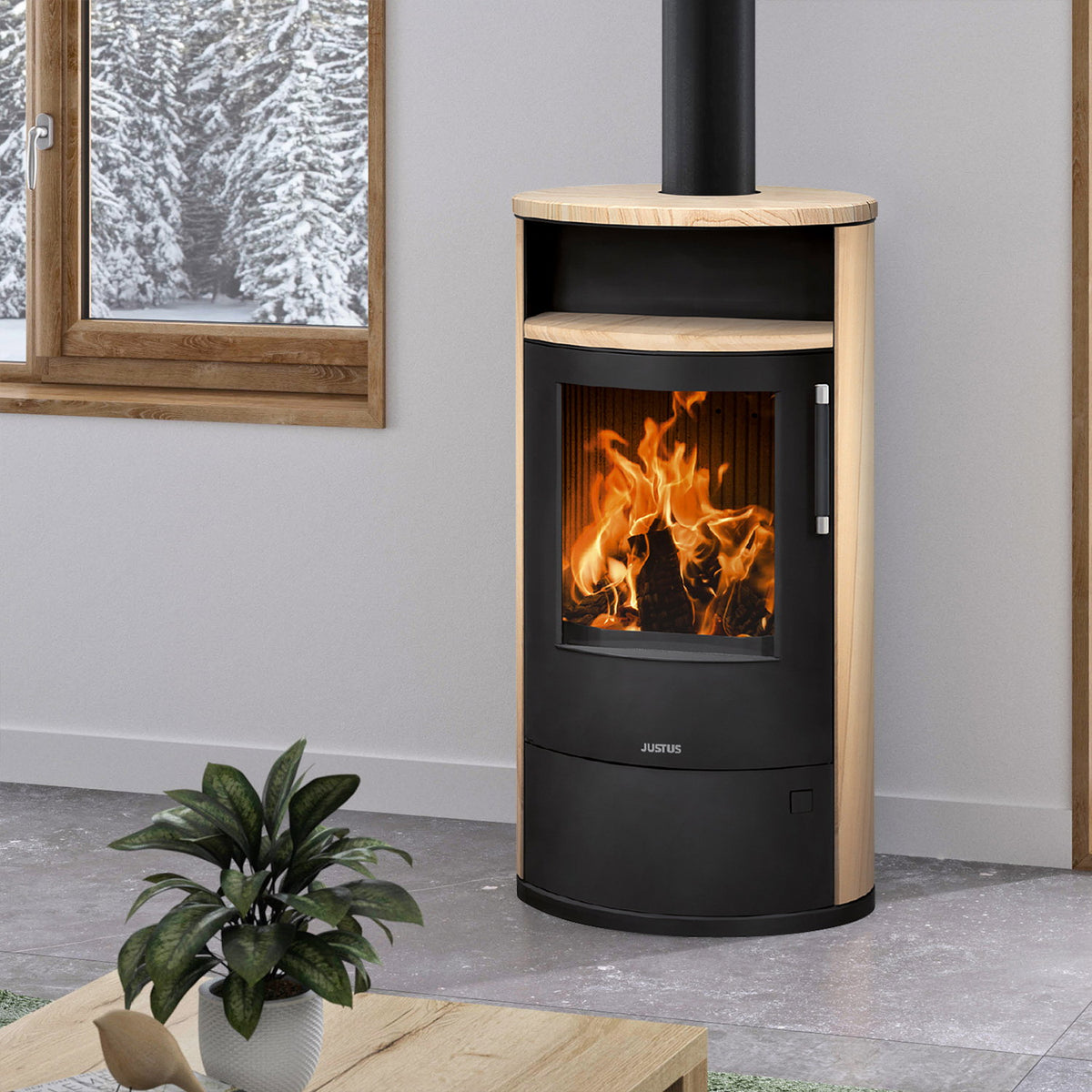 Justus Island 7 2.0 – Poêle à bois acier noir et pierre de sable, 7 kW