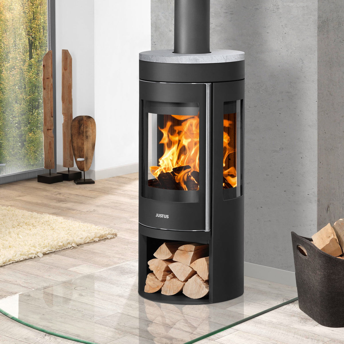 Justus Mino Trios 2.0 – Poêle à bois 6 kW, acier noir et stéatite