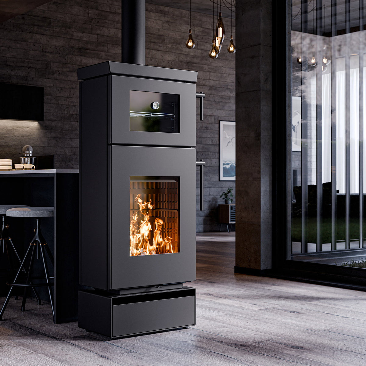 Thermorossi poêle à bois Zen O Evo6 noir mat avec four et range-bûches 7,7 kW - image 1