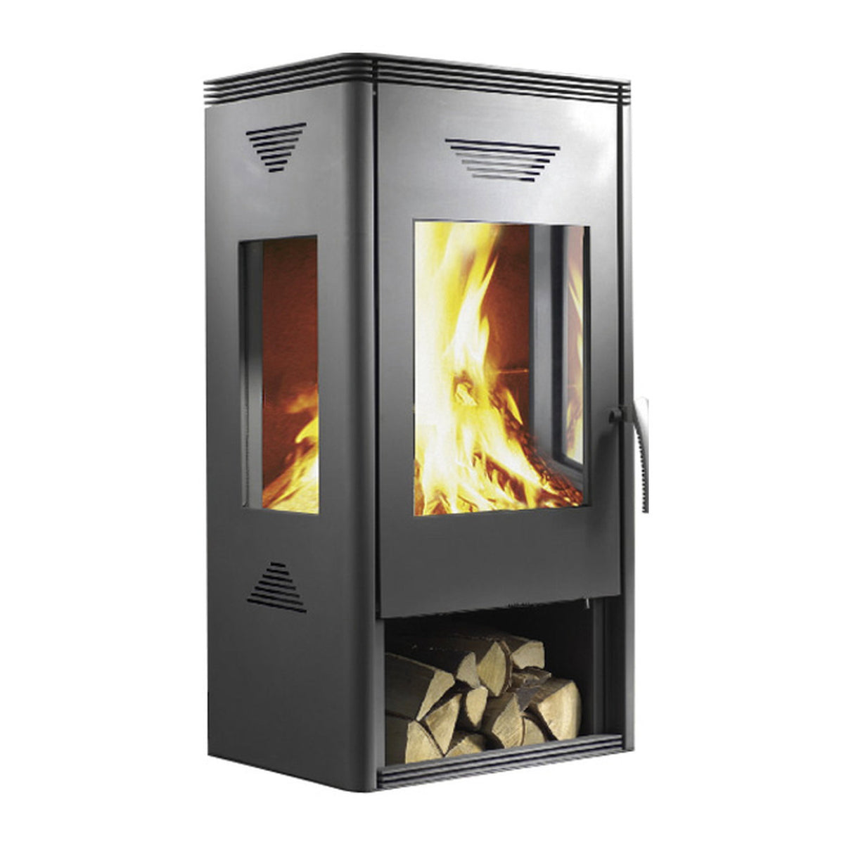 Wamsler Trion – Poêle à bois gris avec range-bûches 10 kW