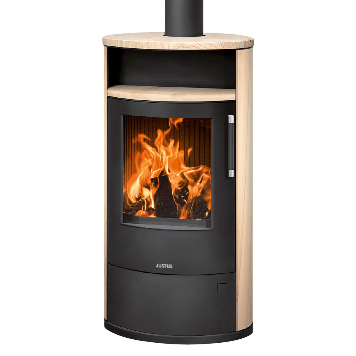 Justus Island 7 2.0 – Poêle à bois acier noir et pierre de sable, 7 kW