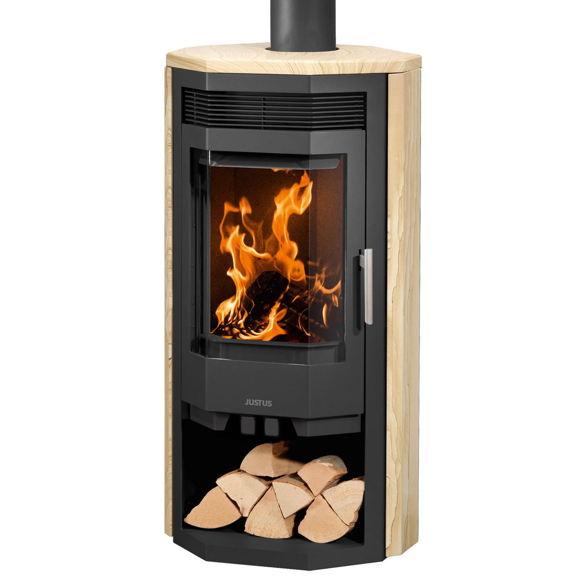 Justus Usedom 7 – Poêle à bois acier noir et pierre de sable 7 kW