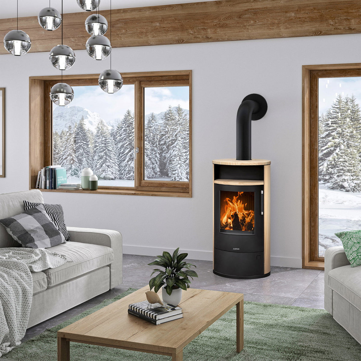 Justus Island 7 2.0 – Poêle à bois acier noir et pierre de sable, 7 kW