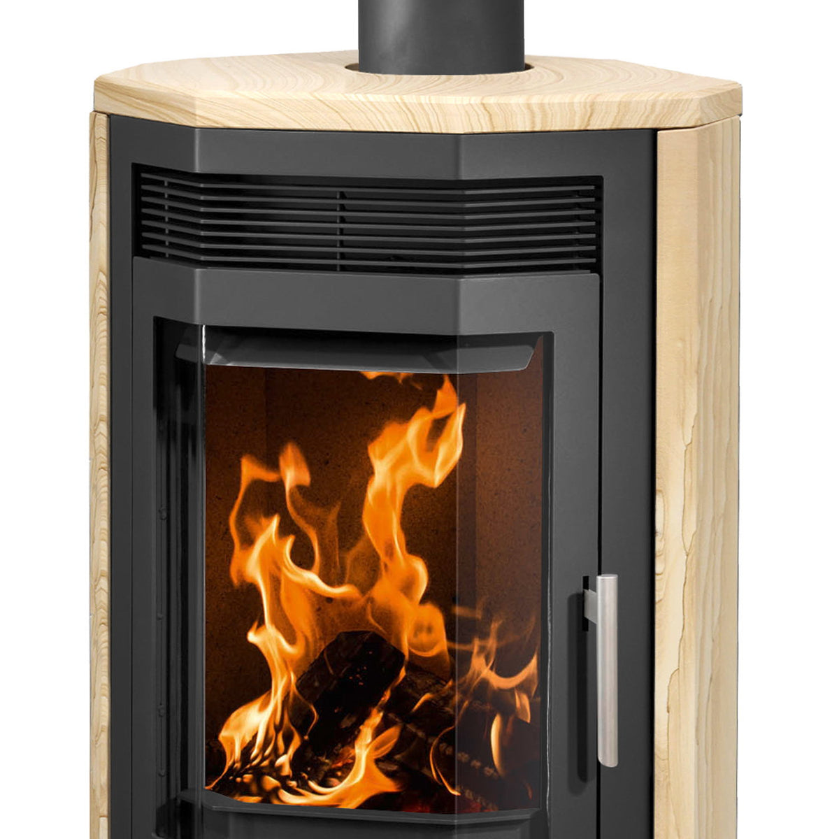 Justus Usedom 7 – Poêle à bois acier noir et pierre de sable 7 kW