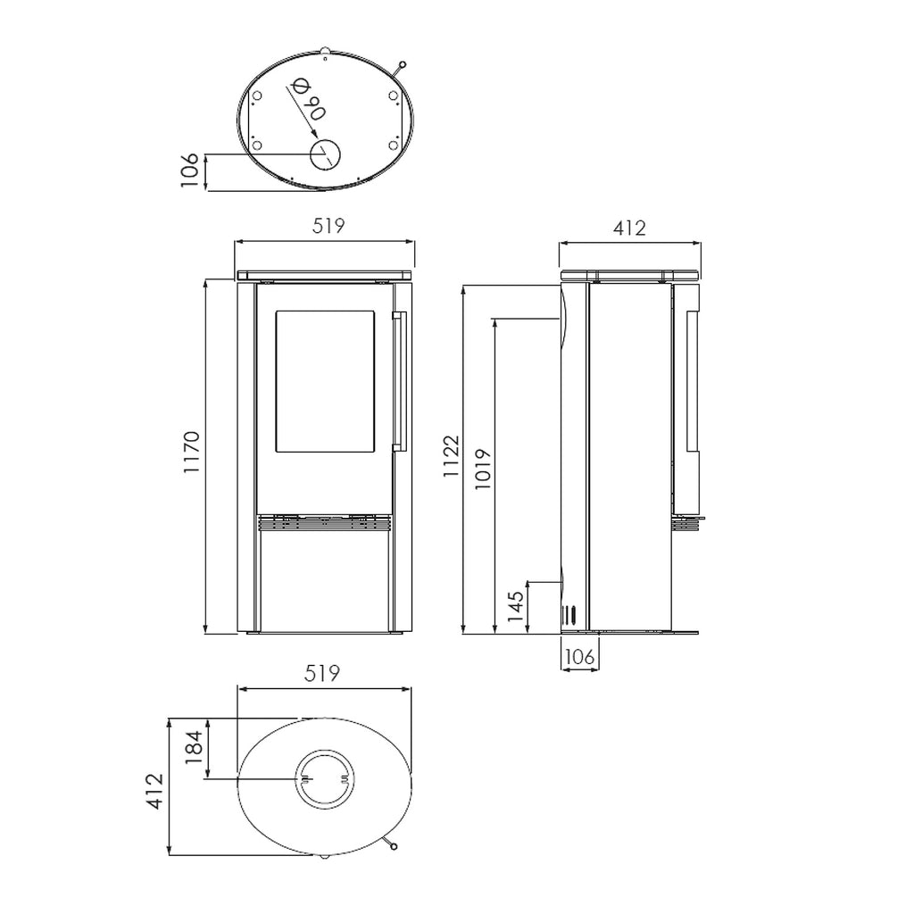 Schéma dimensionnel du poêle TermaTech TT21RH