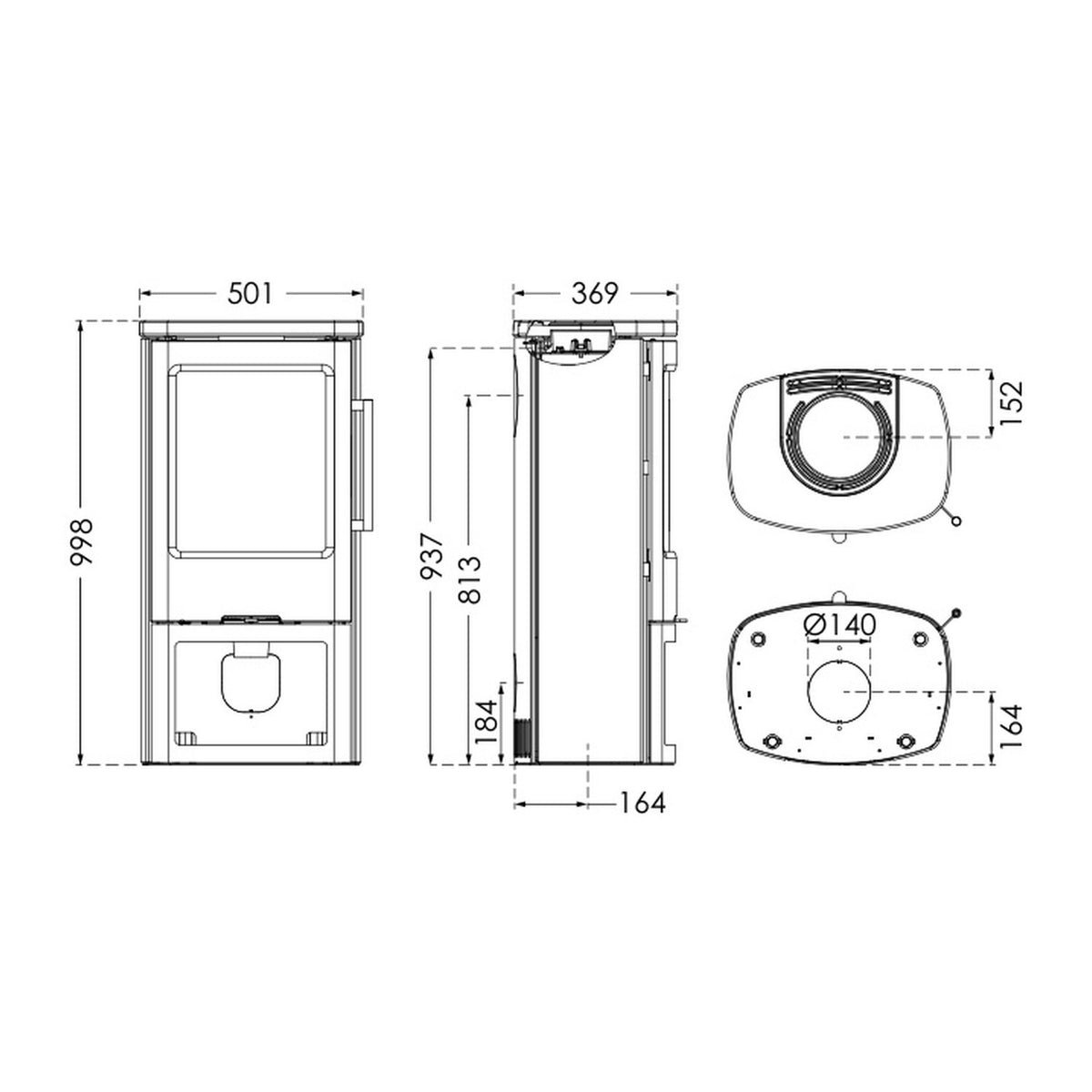 Schéma dimensionnel du poêle TermaTech TT44CG