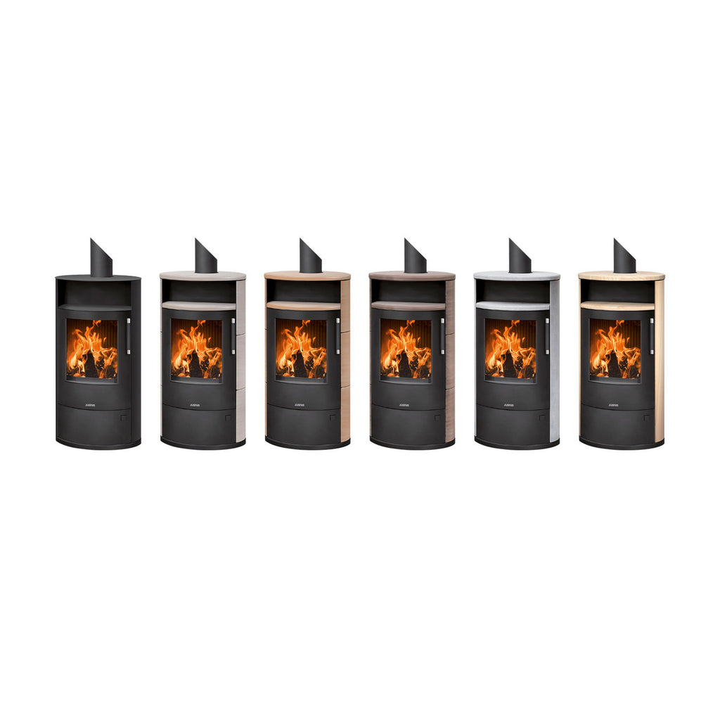 Justus Island 7 2.0 – Poêle à bois acier noir et pierre de sable, 7 kW