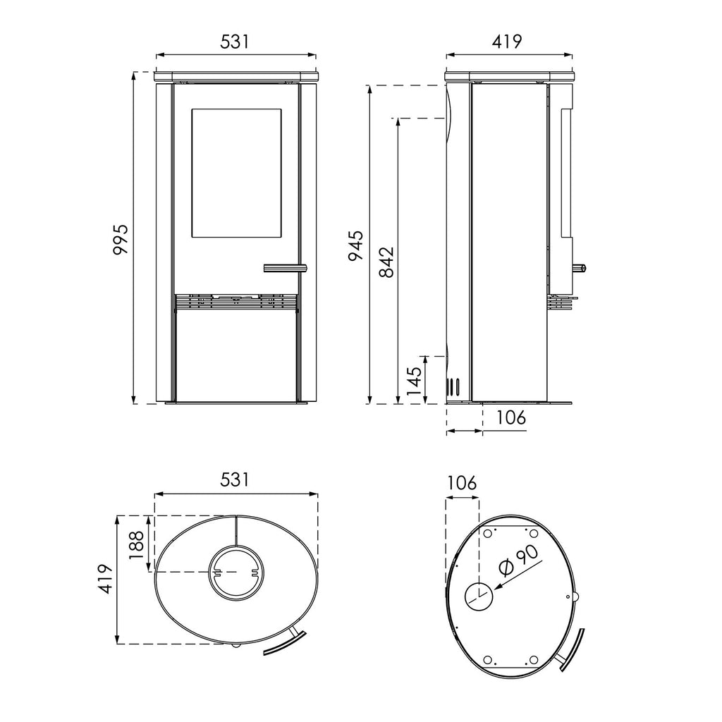 Poêle à bois TermaTech TT21RL acier noir – sortie supérieure Ø150