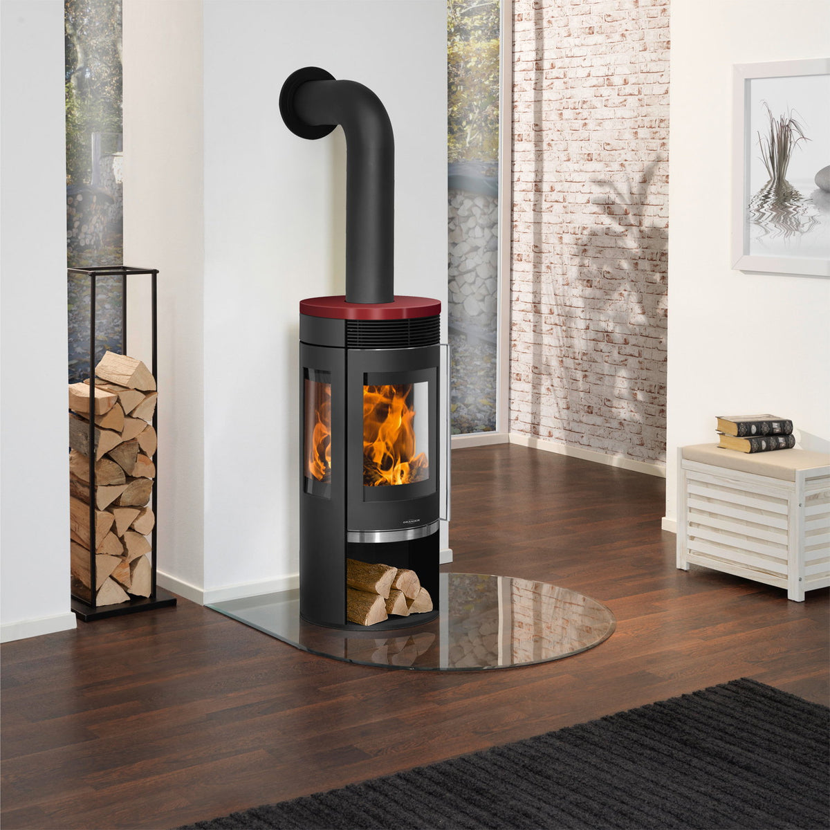 Oranier Rota TRE 2.0 – Poêle à bois acier noir, plaque céramique bordeaux, 5,5 kW
