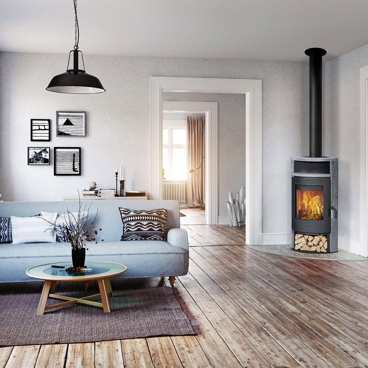 Poêle à bois d’angle Cheminée Samba acier noir et pierre ollaire 6,1 kW