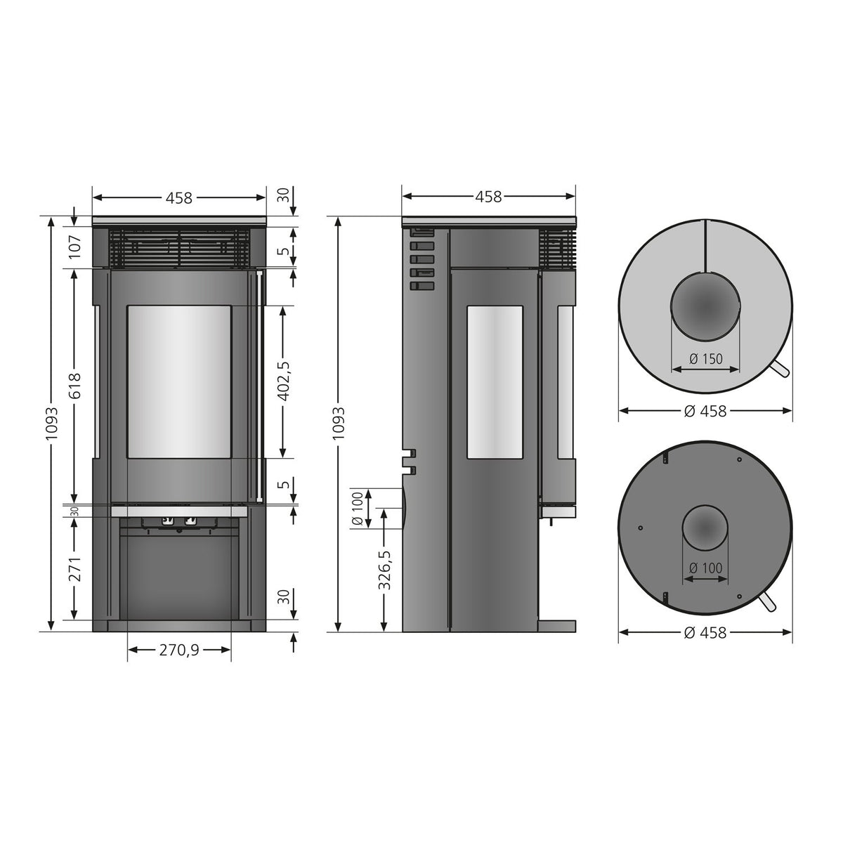 Oranier Rota TRE 2.0 – Poêle à bois acier noir, plaque céramique Grappa 6 kW