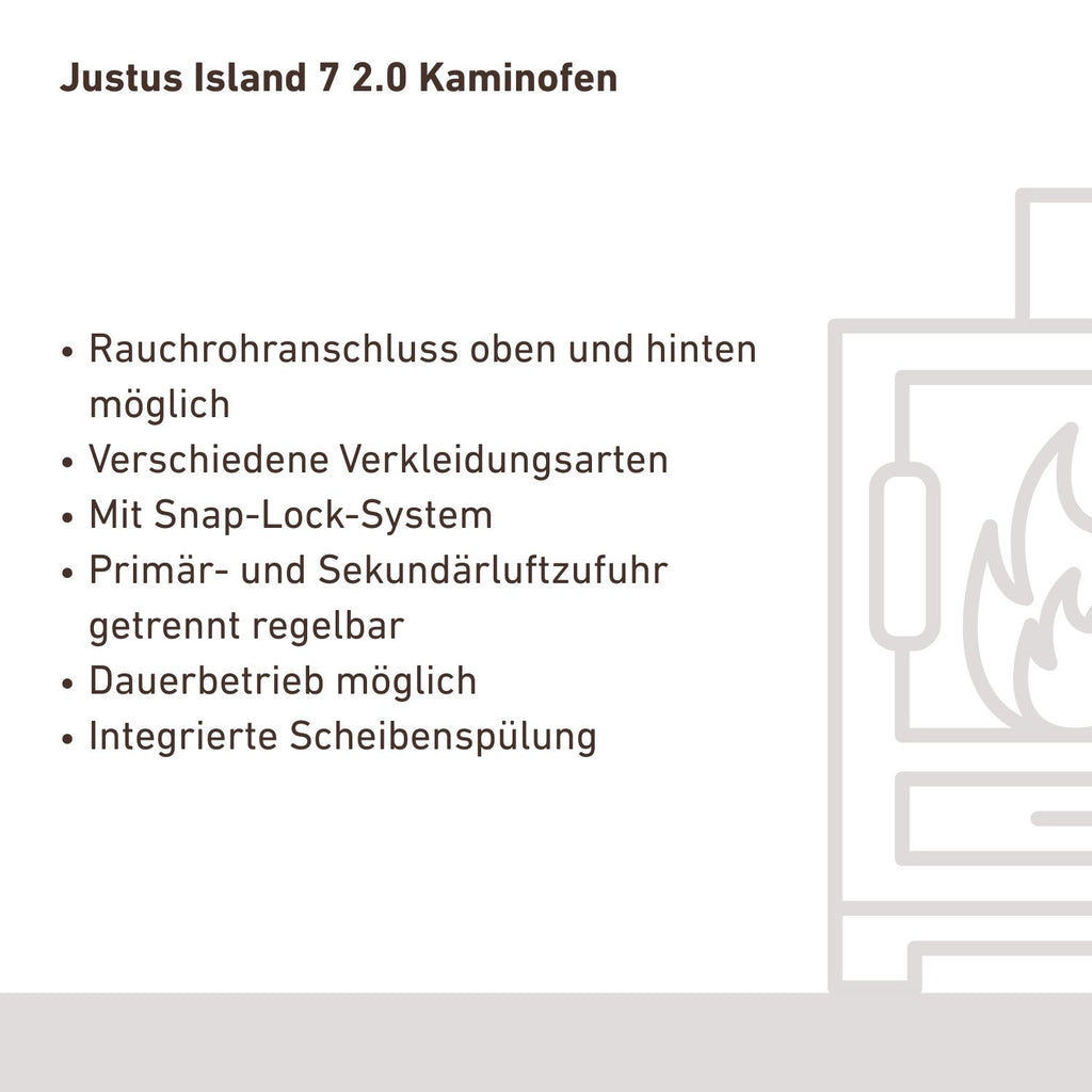 Justus Island 7 2.0 – Poêle à bois acier noir et pierre de sable, 7 kW